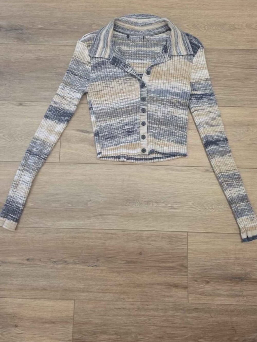 Ribbed Crop Button-Front Collared Long-Sleeve Top in Blue & Cream